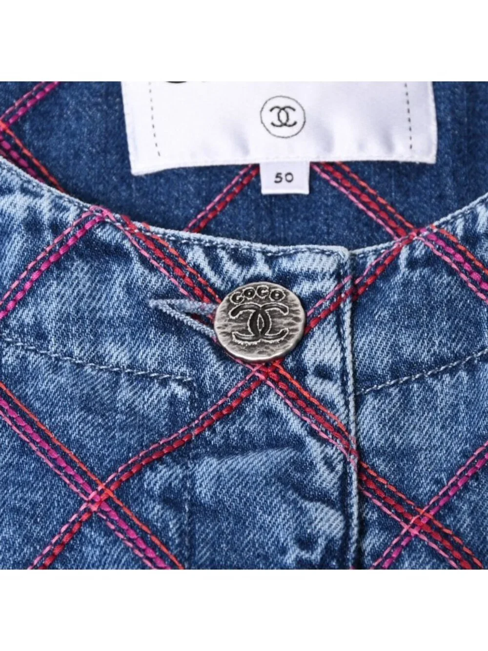 Chanel Collarless Denim Jacket CC Logo Stitch Blue